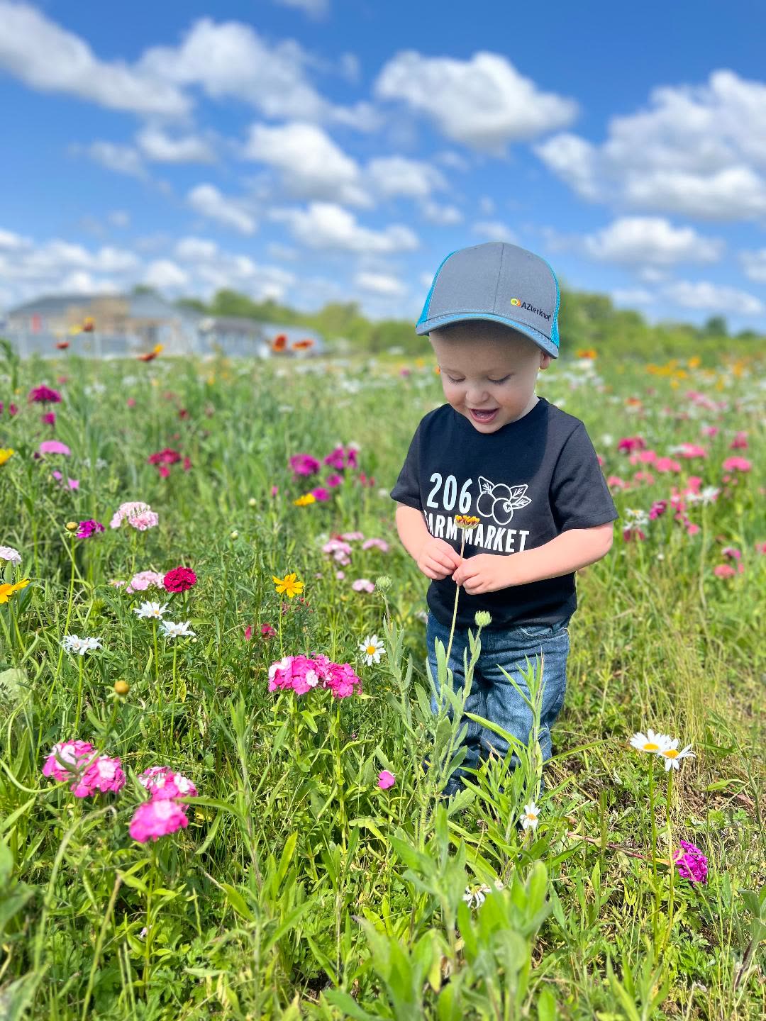 A toddler in a 206 Farm Market shirt standing in a field of wildflowers